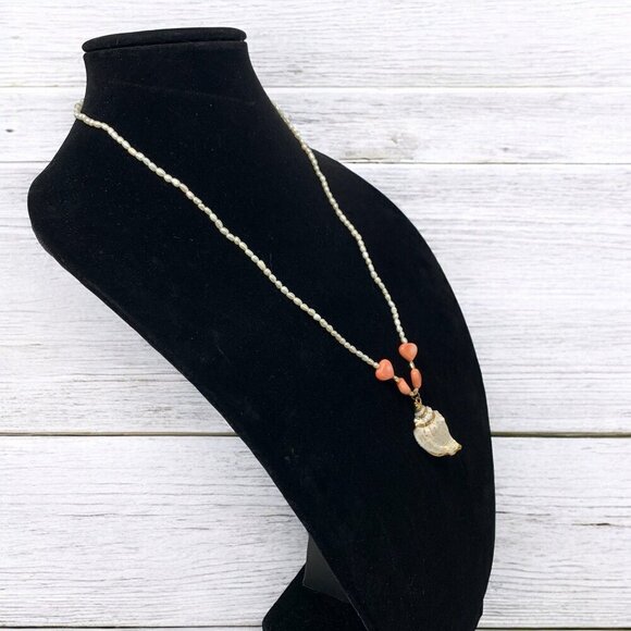 Vintage Seed Pearl Necklace & Shell Pendant Gold & Quartz Beads White Pink Gold - Picture 3 of 5